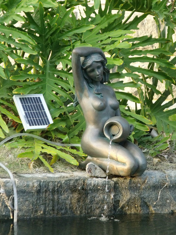 Bronze Girl Kneeling Holding Pot Solar Fountain Daytime Version