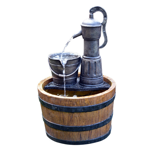 Sunnysaze Old Fashioned Barrel Water Fountain with Battery/Timer and LED Light